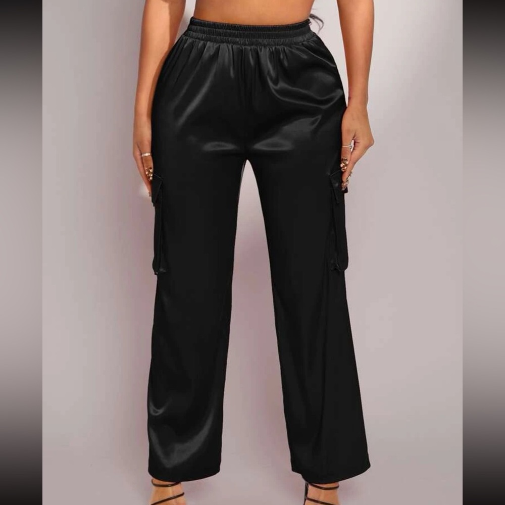 Black Flap Pocket Side satin Cargo Pants - Picture 4 of 6
